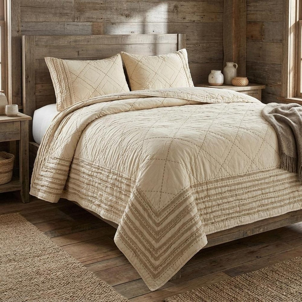 Ivory Geometric King Kantha Stitch Quilt With Shams — view 6
