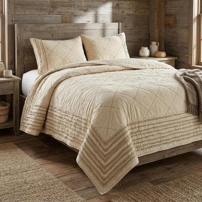 Ivory Geometric King Kantha Stitch Quilt With Shams HomeRoots