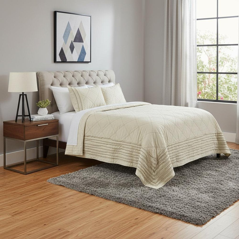Ivory Geometric King Kantha Stitch Quilt With Shams HomeRoots