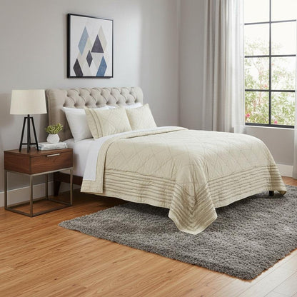 Ivory Geometric King Kantha Stitch Quilt With Shams HomeRoots
