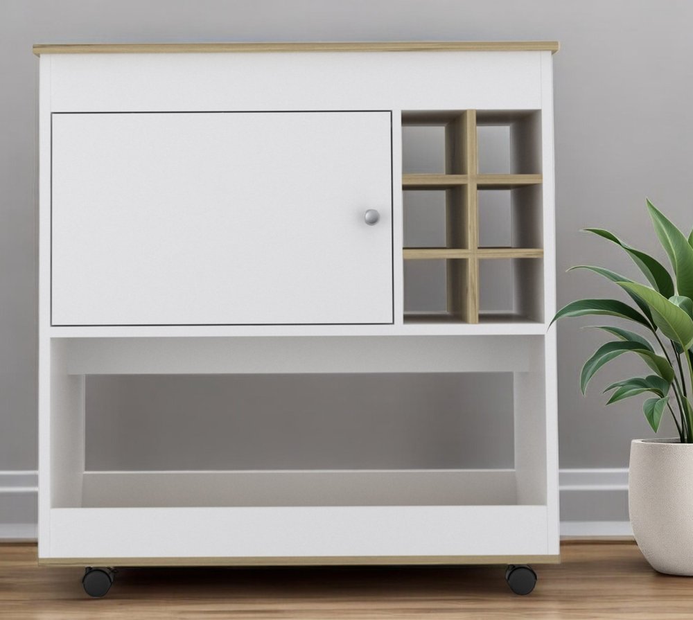 Brown and White Rolling Bar Cart With Wine Storage HomeRoots