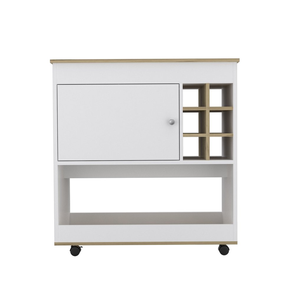 Brown and White Rolling Bar Cart With Wine Storage — view 1