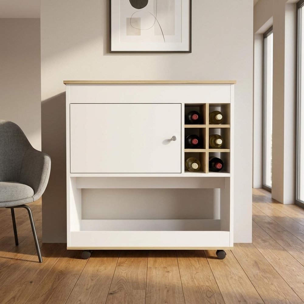 Brown and White Rolling Bar Cart With Wine Storage HomeRoots