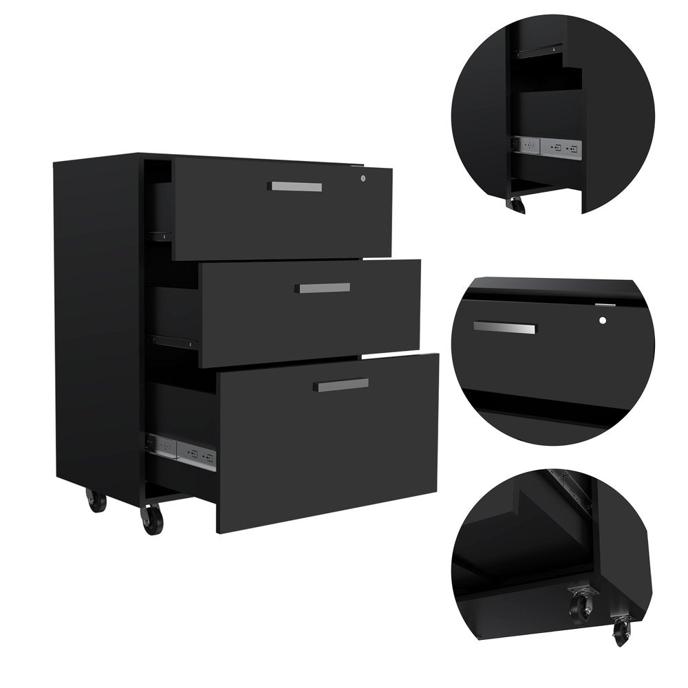35" Black Wood Three Drawers Filing Cabinet HomeRoots