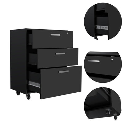 35" Black Wood Three Drawers Filing Cabinet HomeRoots