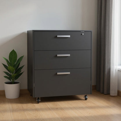 35" Black Wood Three Drawers Filing Cabinet HomeRoots