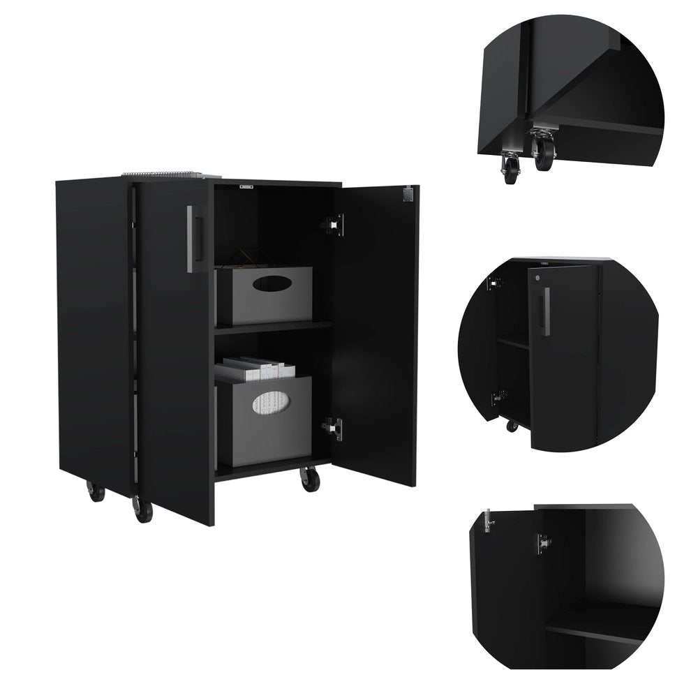 35" Black Wood Rolling Storage Cabinet With Two Doors HomeRoots