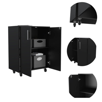 35" Black Wood Rolling Storage Cabinet With Two Doors HomeRoots