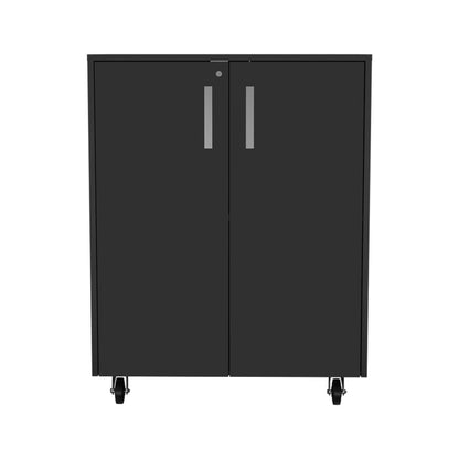 35" Black Wood Rolling Storage Cabinet With Two Doors HomeRoots