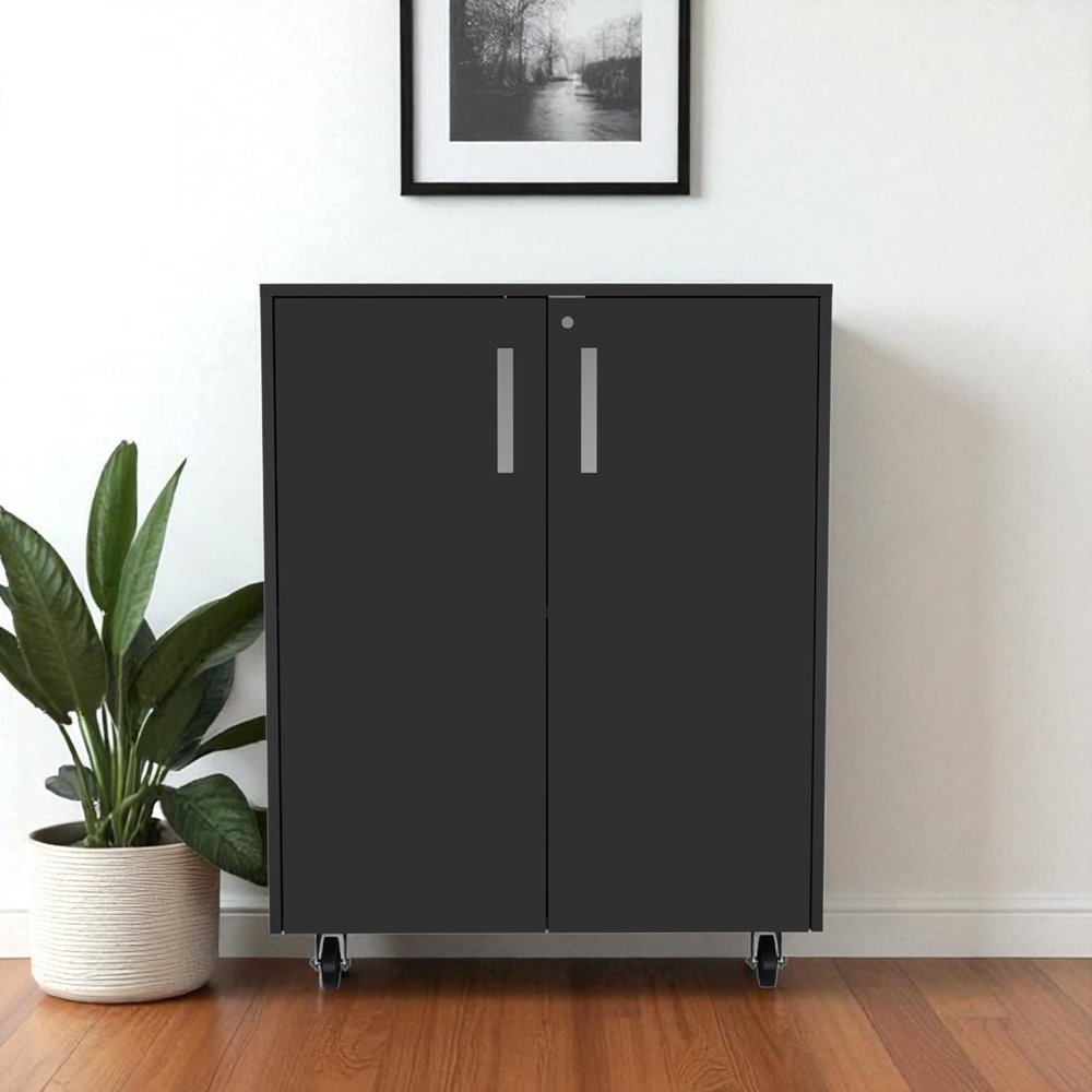 35" Black Wood Rolling Storage Cabinet With Two Doors HomeRoots