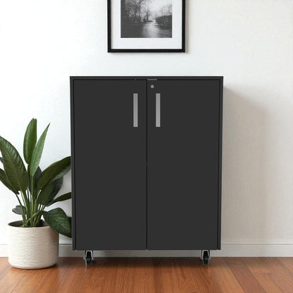 35" Black Wood Rolling Storage Cabinet With Two Doors HomeRoots