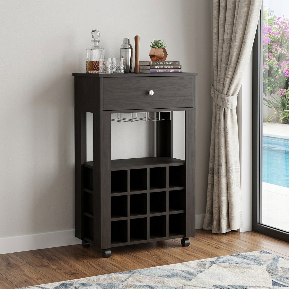 Black Rolling Bar Cart With Wine Storage HomeRoots