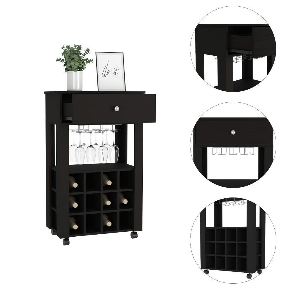 Black Rolling Bar Cart With Wine Storage HomeRoots