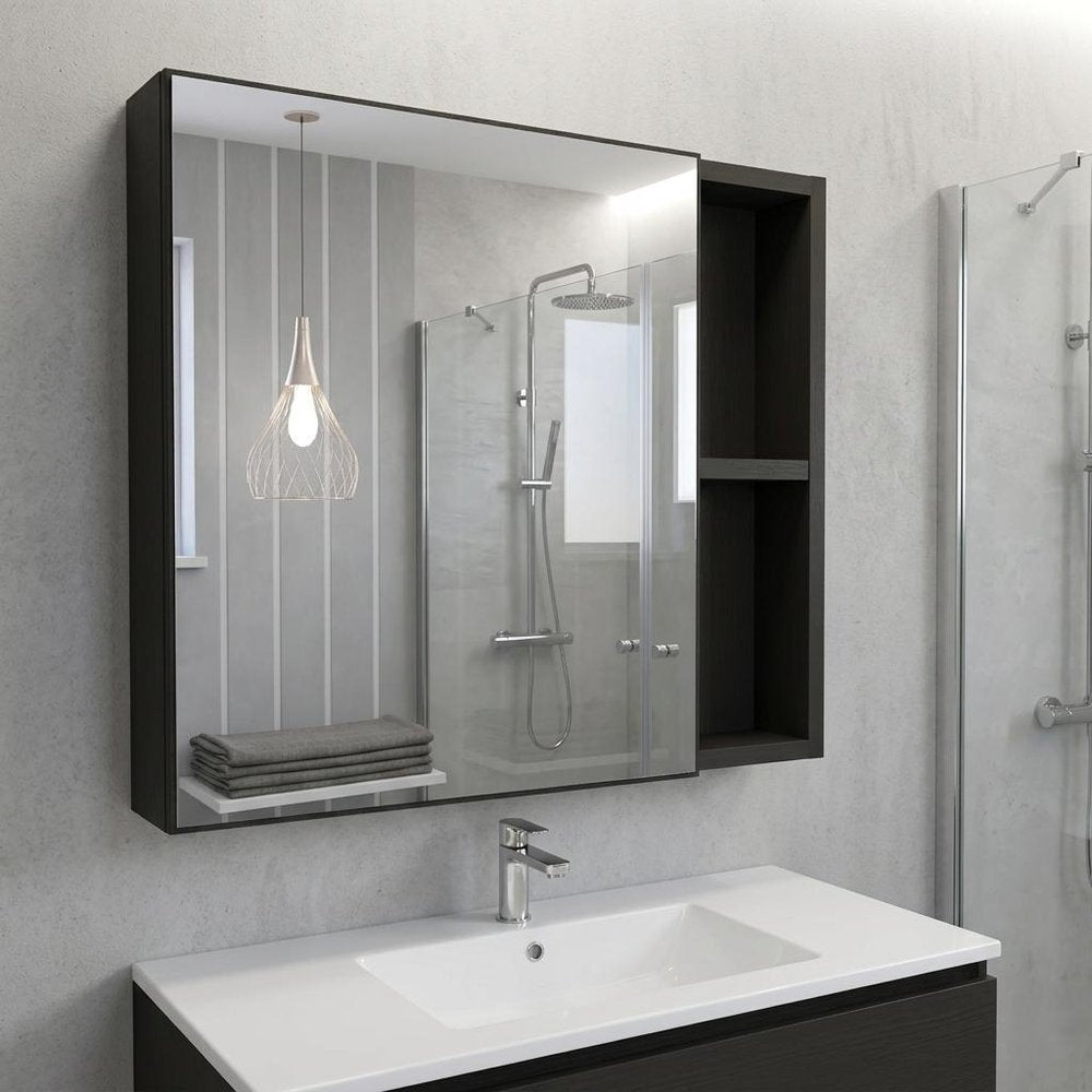 20" Black Wood Floating Single Door Bathroom Vanity And Medicine Cabinet With Mirror — view 2