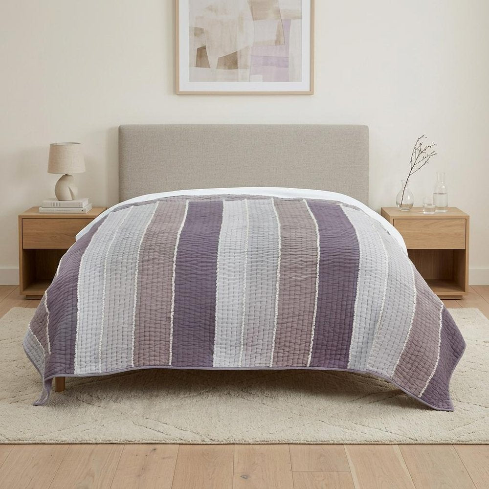 92" X 106" Cream Gray And Pale Purple Striped Cotton Quilt — view 6