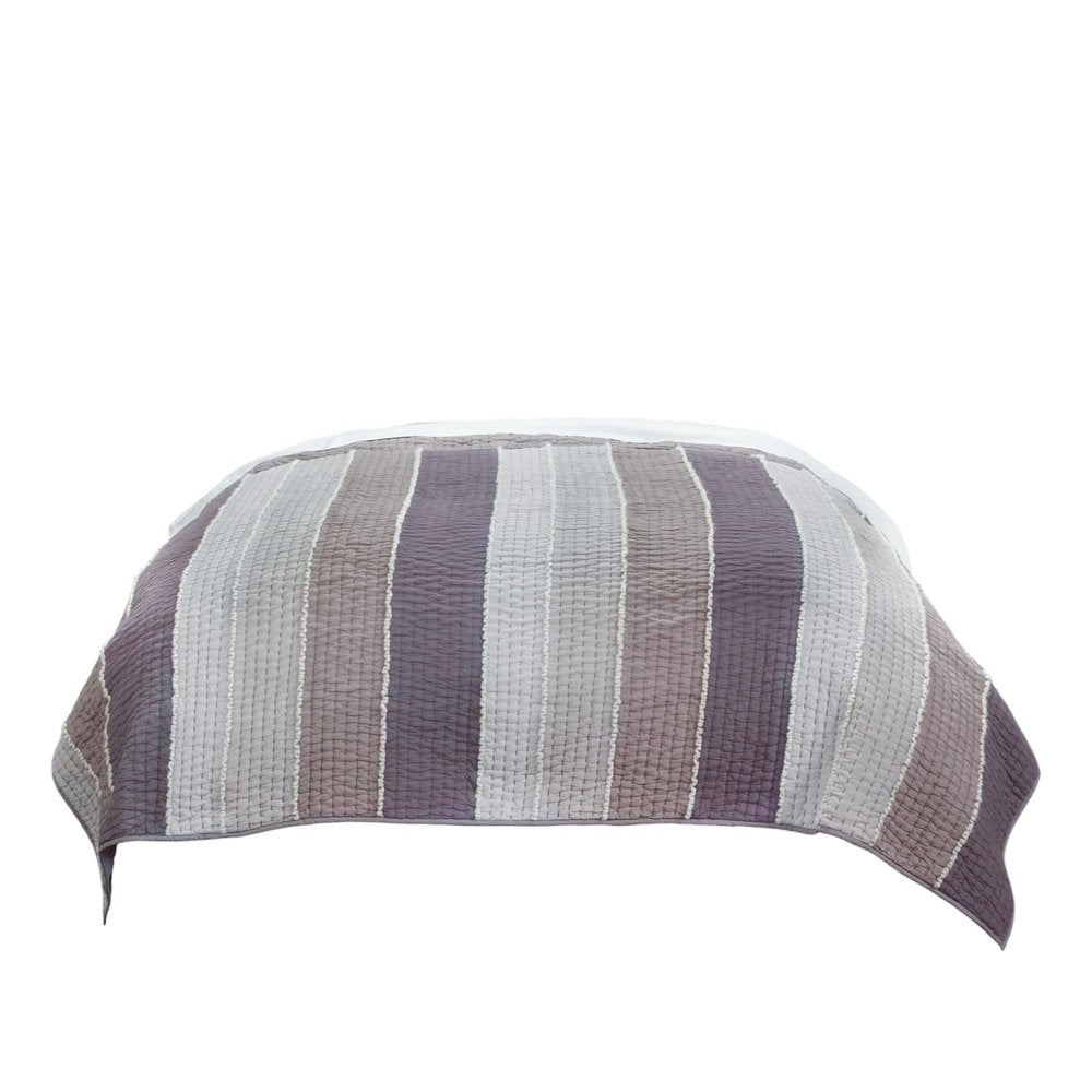 92" X 106" Cream Gray And Pale Purple Striped Cotton Quilt — view 2