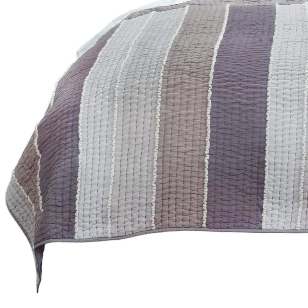 92" X 106" Cream Gray And Pale Purple Striped Cotton Quilt — view 3