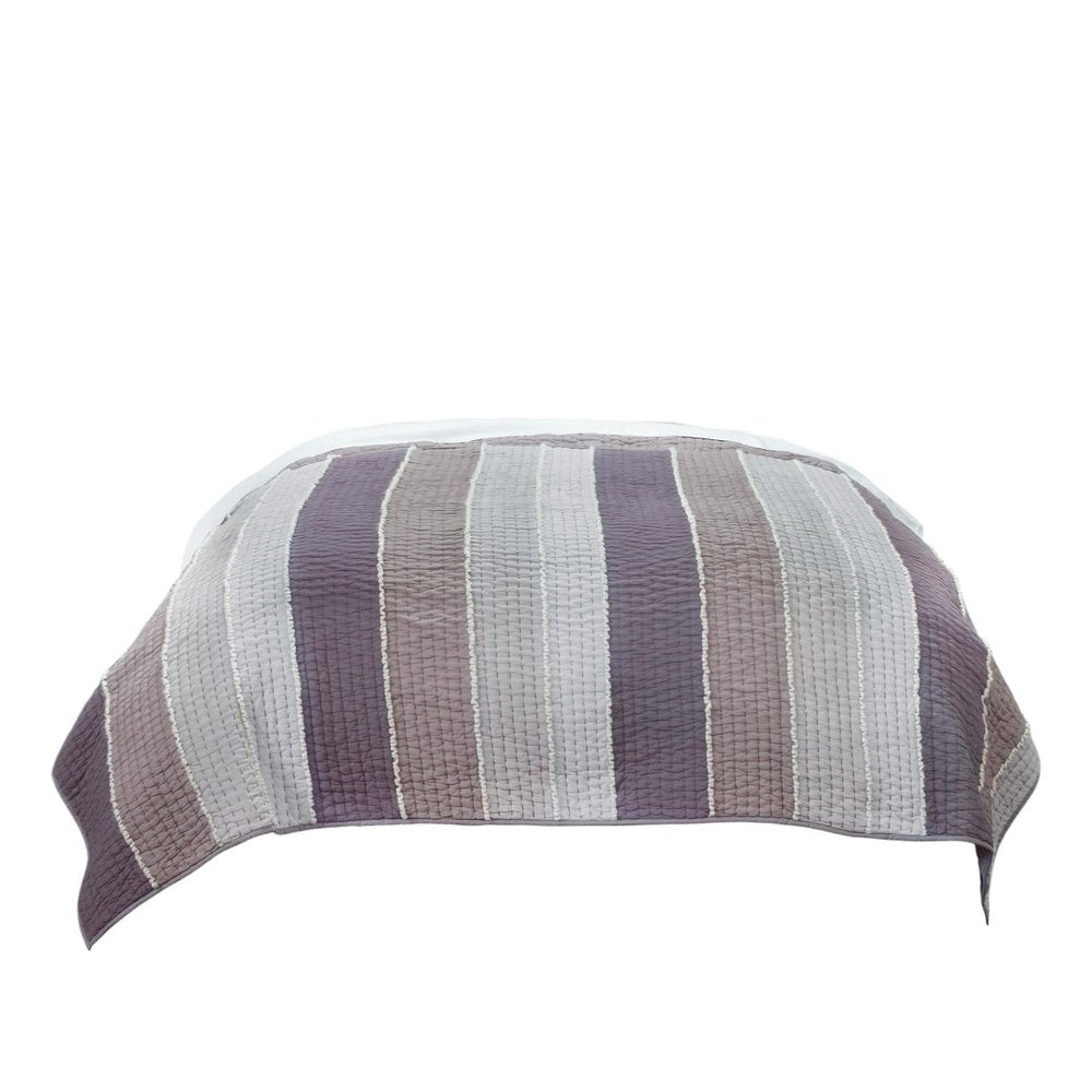 92" X 106" Cream Gray And Pale Purple Striped Cotton Quilt — view 4