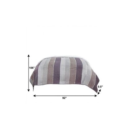 92" X 106" Cream Gray And Pale Purple Striped Cotton Quilt