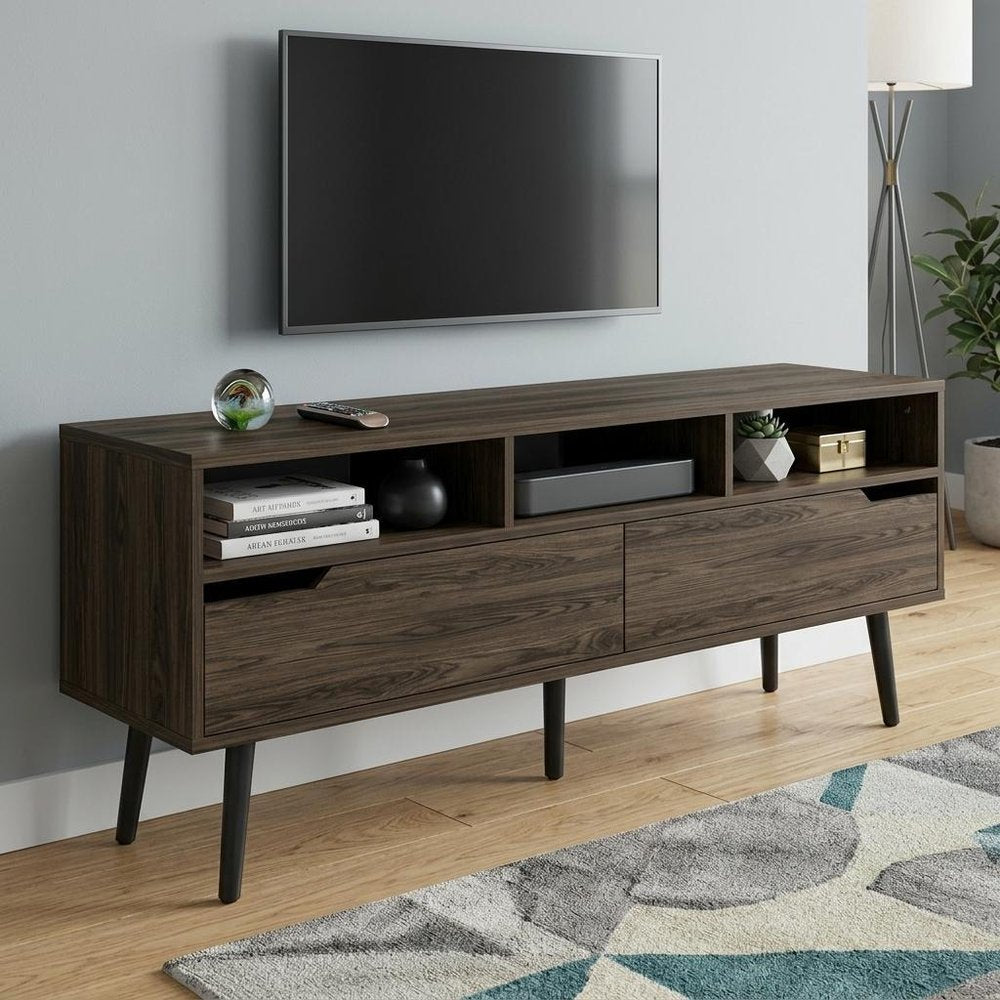 54" Dark Brown Walnut Enclosed and Open Storage TV Stand HomeRoots