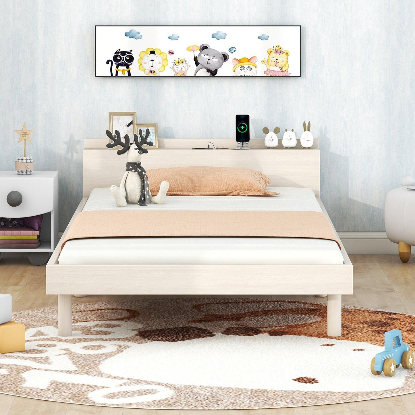 Modern Design Twin Size Platform Bed Frame with Built-in USB Ports for White Washed Color - FurniFindUSA