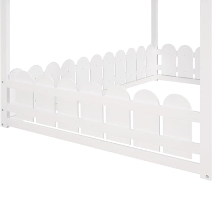 (Slats are not included) Full Size Wood Bed House Bed Frame with Fence for Kids Teens Girls Boys (White ) - FurniFindUSA