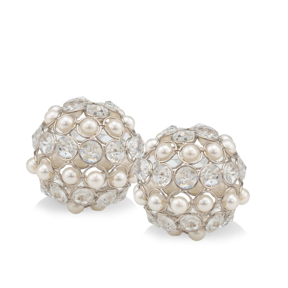 Set of Two Silver and Clear Faux Crystal and Pearl Decorative Orbs HomeRoots