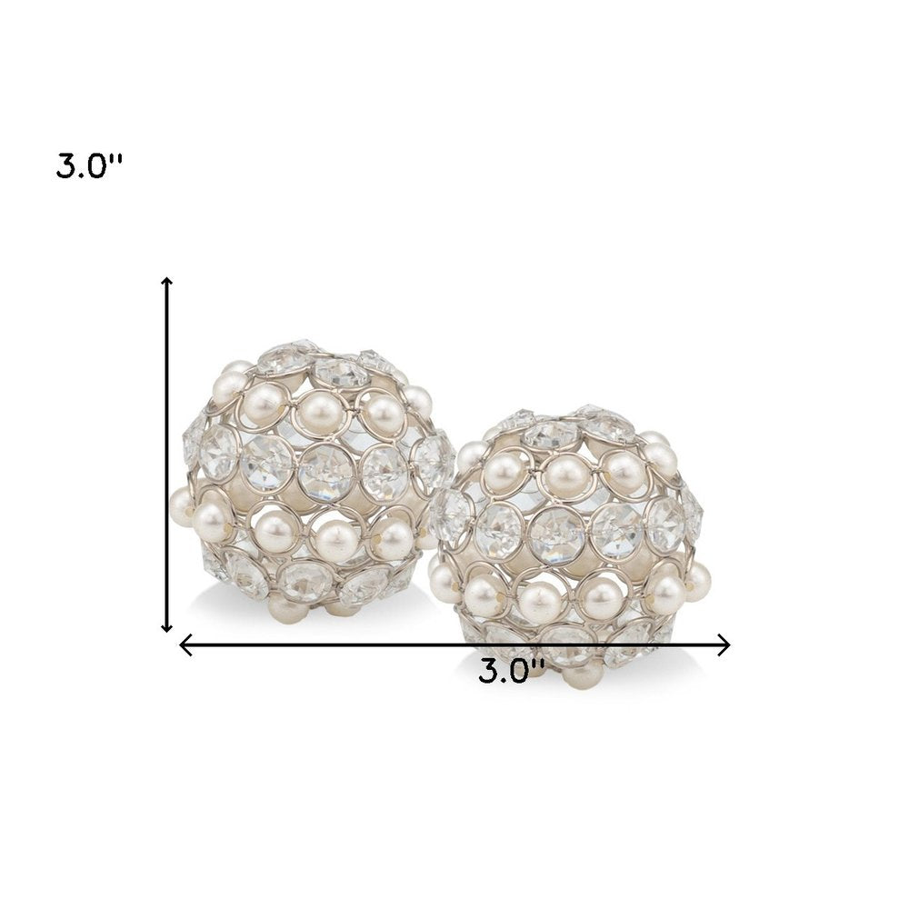 Set of Two Silver and Clear Faux Crystal and Pearl Decorative Orbs HomeRoots