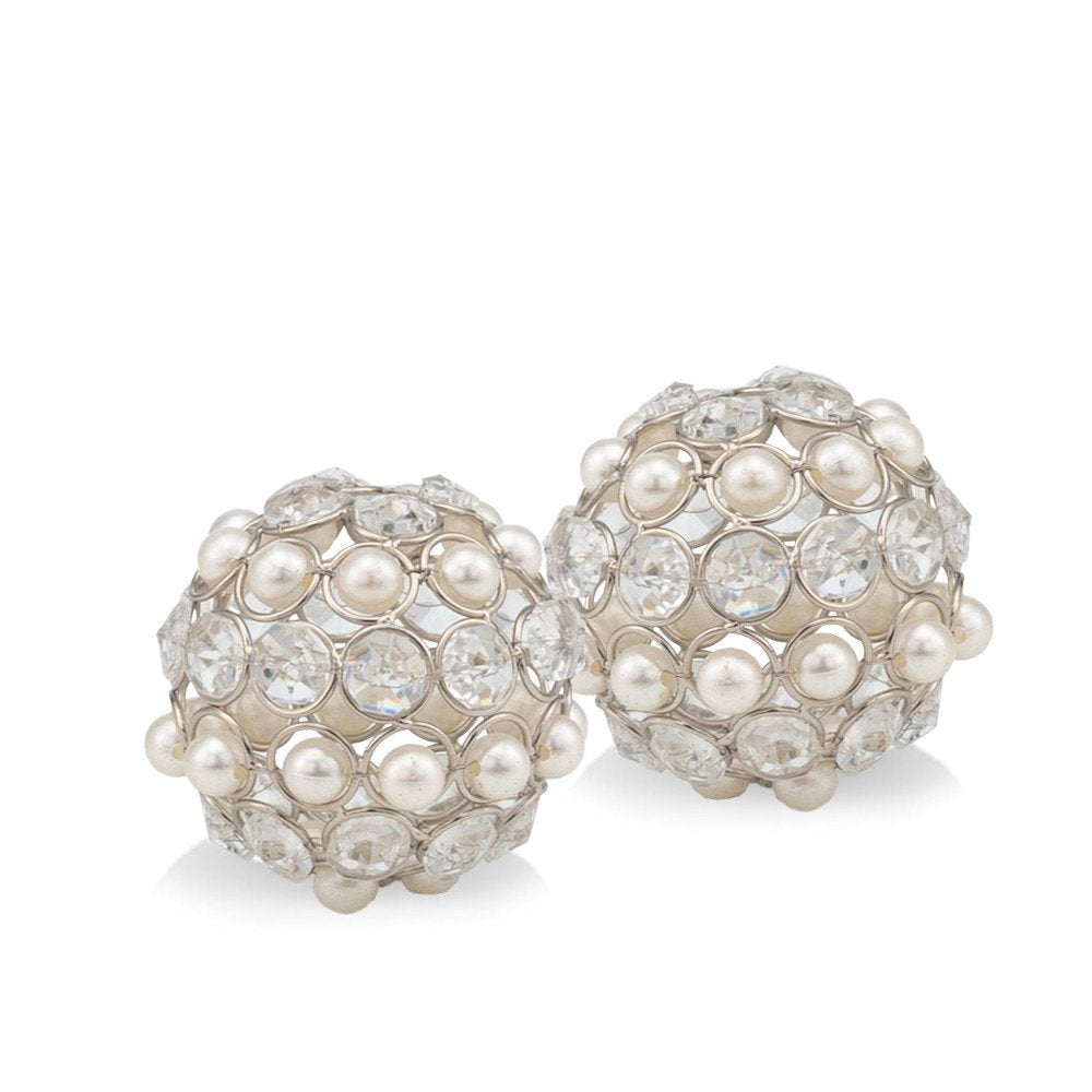 Set of Two Silver and Clear Faux Crystal and Pearl Decorative Orbs HomeRoots