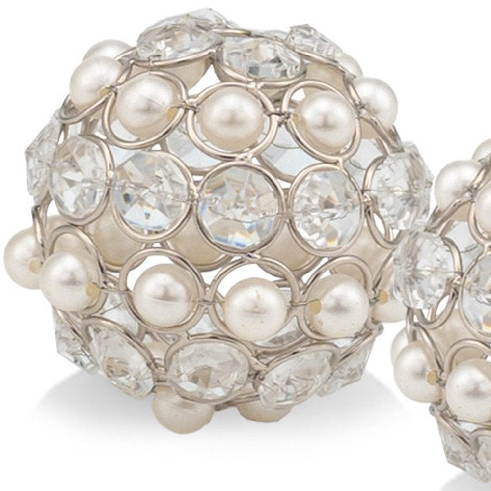 Set of Two Silver and Clear Faux Crystal and Pearl Decorative Orbs HomeRoots