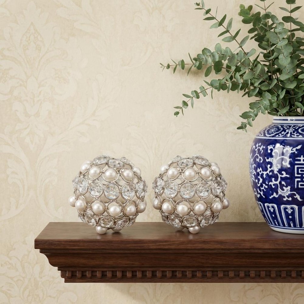 Set of Two Silver and Clear Faux Crystal and Pearl Decorative Orbs HomeRoots