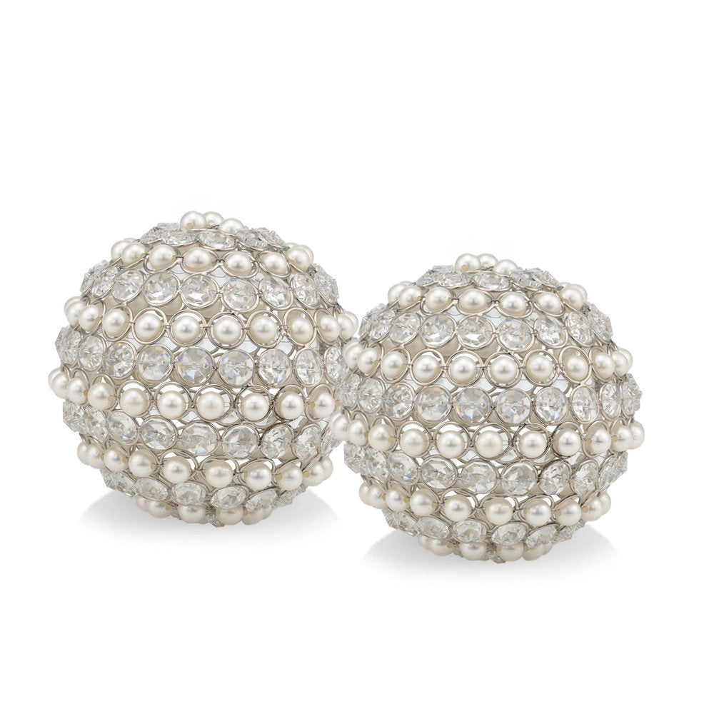 Set of Two Silver and Clear Faux Crystal and Pearl Decorative Orbs HomeRoots