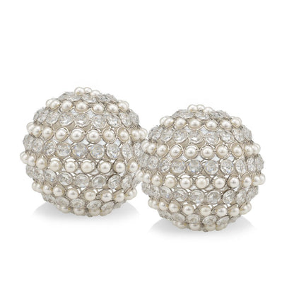 Set of Two Silver and Clear Faux Crystal and Pearl Decorative Orbs HomeRoots