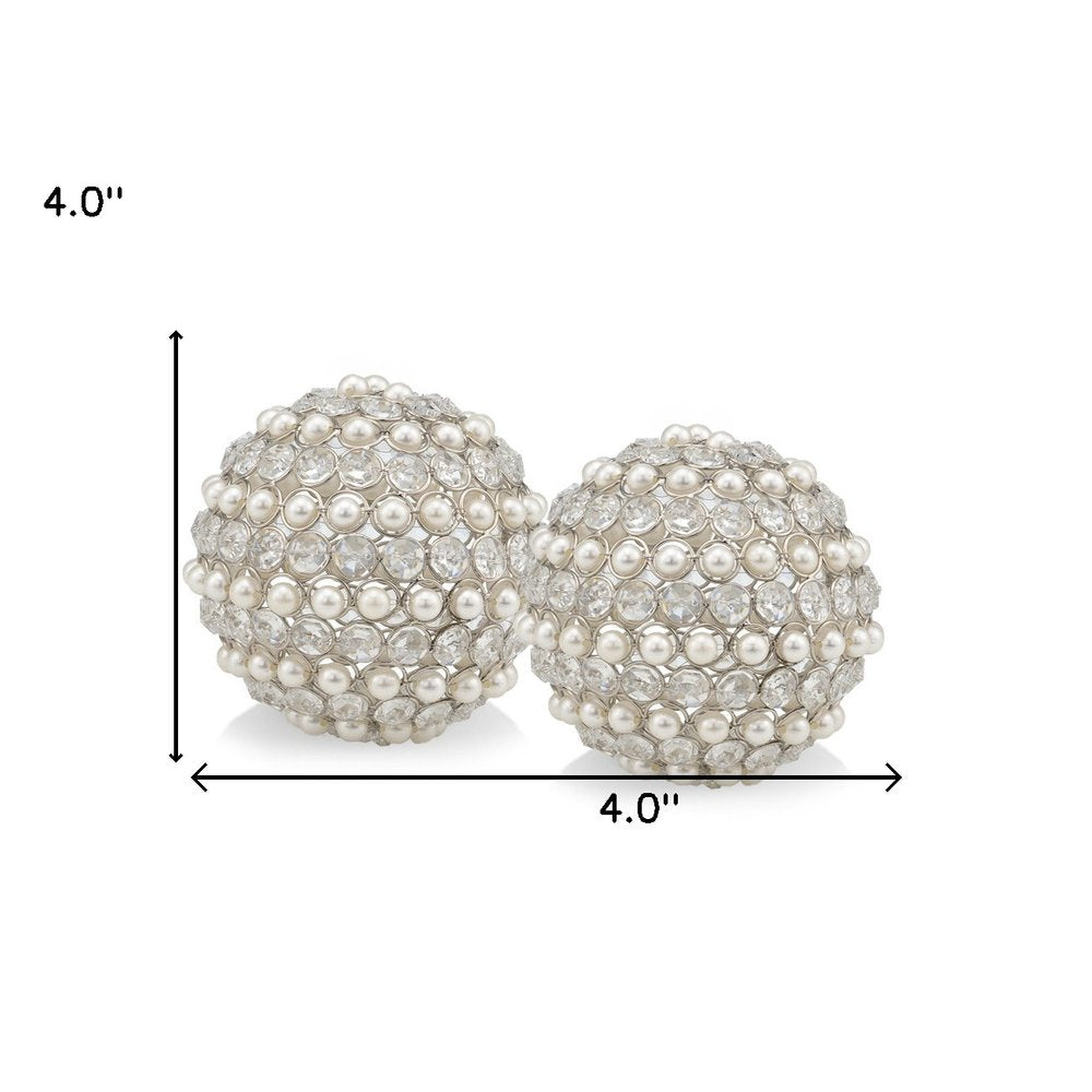 Set of Two Silver and Clear Faux Crystal and Pearl Decorative Orbs HomeRoots