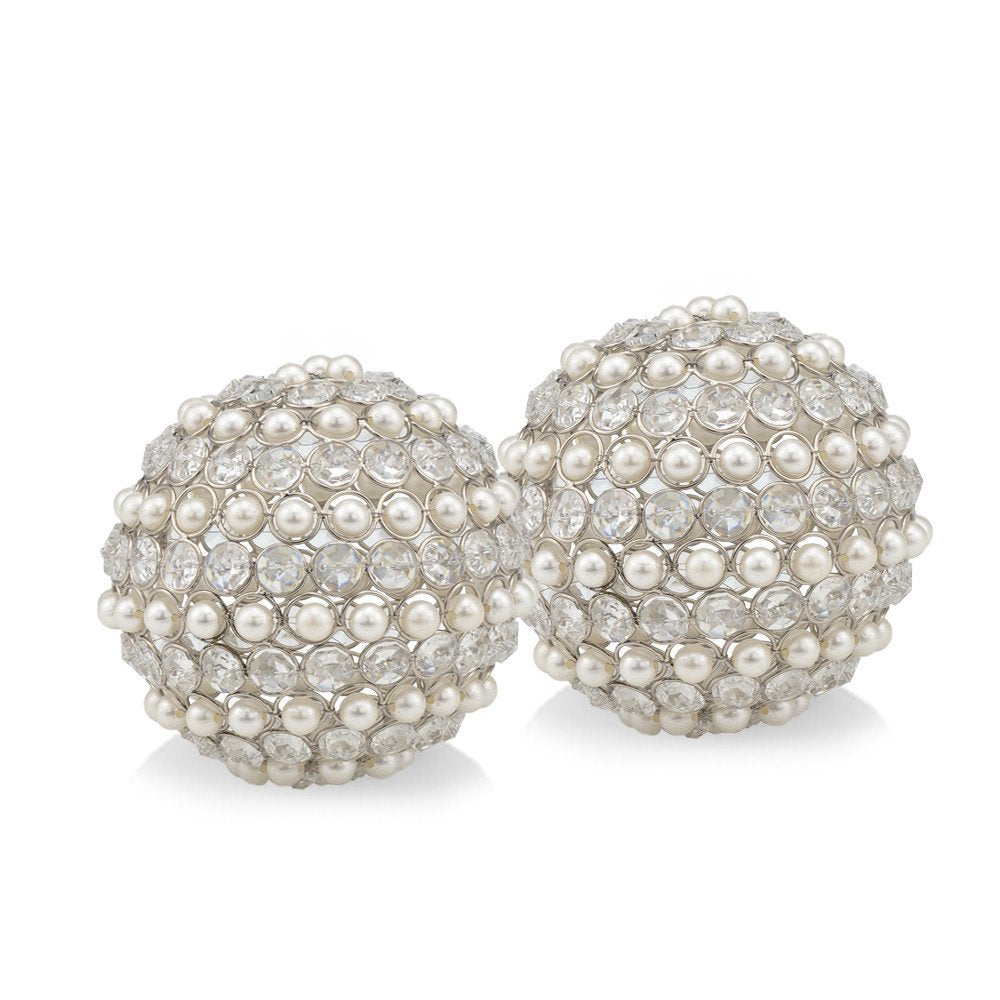 Set of Two Silver and Clear Faux Crystal and Pearl Decorative Orbs HomeRoots
