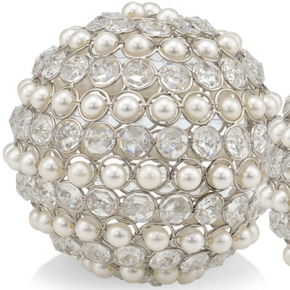 Set of Two Silver and Clear Faux Crystal and Pearl Decorative Orbs HomeRoots