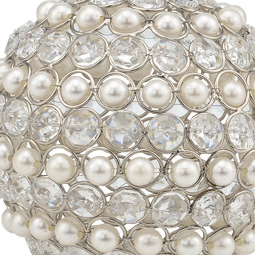 Set of Two Silver and Clear Faux Crystal and Pearl Decorative Orbs HomeRoots