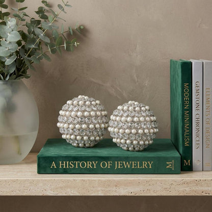 Set of Two Silver and Clear Faux Crystal and Pearl Decorative Orbs HomeRoots