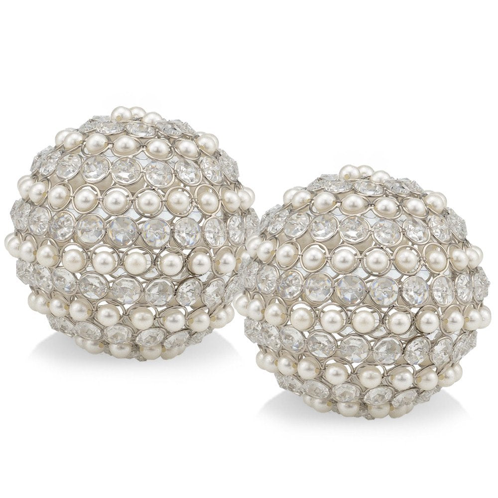 Set of Two Silver and Clear Faux Crystal and Pearl Decorative Orbs HomeRoots