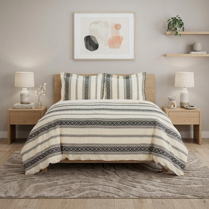 Black And Ivory Queen Cotton Washable Polyester Duvet Cover Set With Two Shams