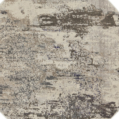 5' X 5' Ivory And Grey Round Abstract Power Loom Non Skid Area Rug - 63.0" (H) x 63.0" (W) x 0.5" (D)