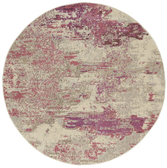 5' X 5' Ivory And Pink Round Abstract Power Loom Non Skid Area Rug - 63.0" (H) x 63.0" (W) x 0.5" (D)