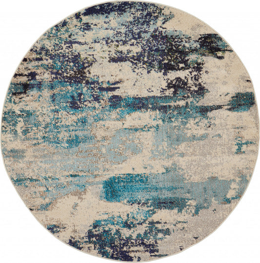 4' X 4' Ivory And Teal Blue Round Abstract Power Loom Non Skid Area Rug - 94.49" (L) x 129.92" (W) x 1.96" (H)