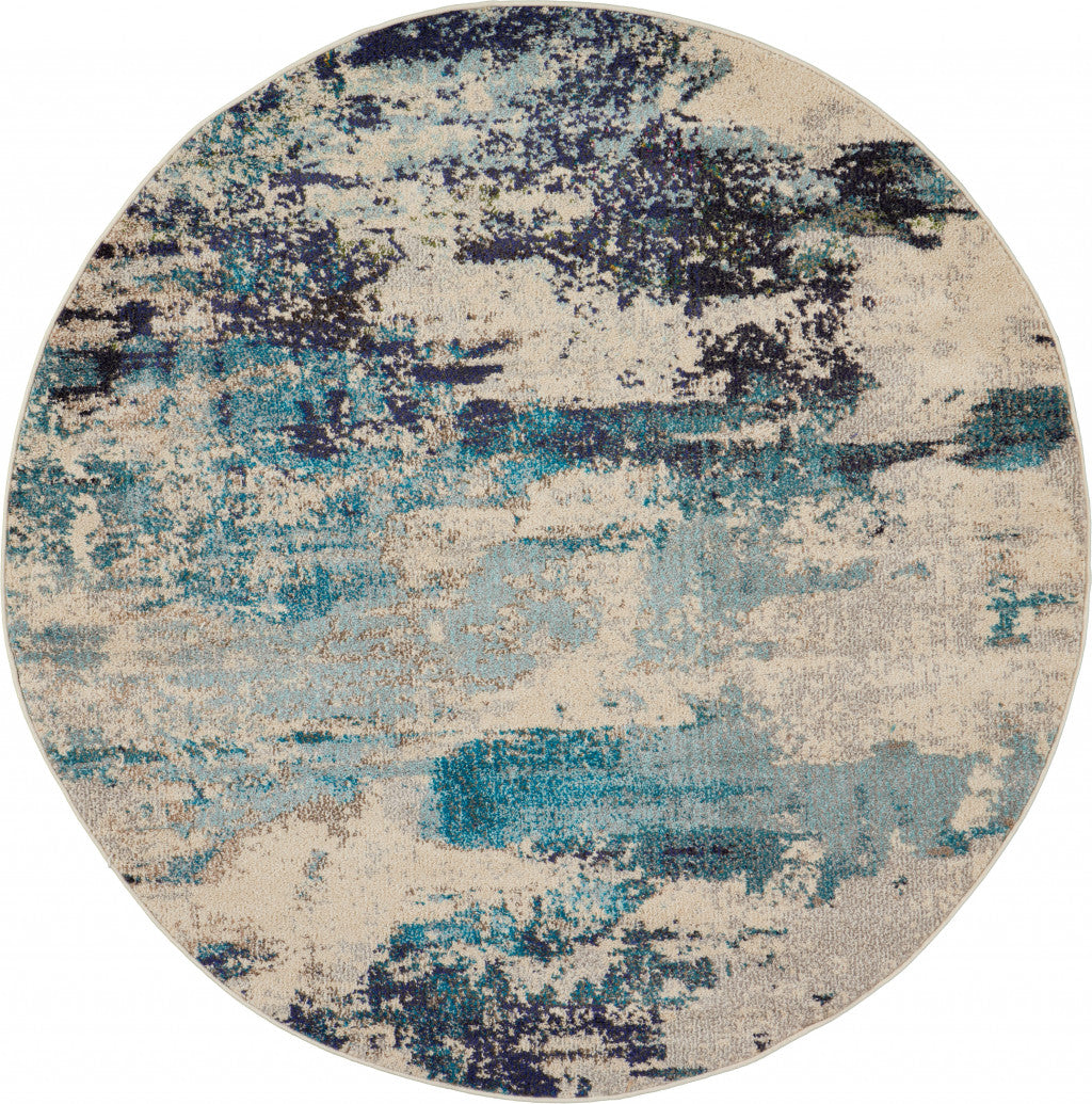 5' X 5' Ivory And Teal Blue Round Abstract Power Loom Non Skid Area Rug - 63.0" (H) x 63.0" (W) x 0.5" (D)