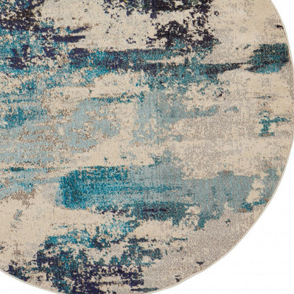 5' X 5' Ivory And Teal Blue Round Abstract Power Loom Non Skid Area Rug - 63.0" (H) x 63.0" (W) x 0.5" (D)