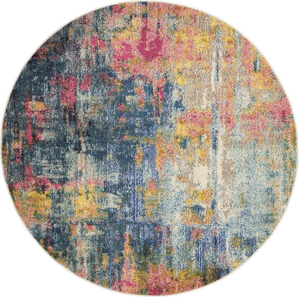 5' X 5' Blue And Yellow Round Abstract Power Loom Non Skid Area Rug - 63.0" (H) x 63.0" (W) x 0.5" (D)