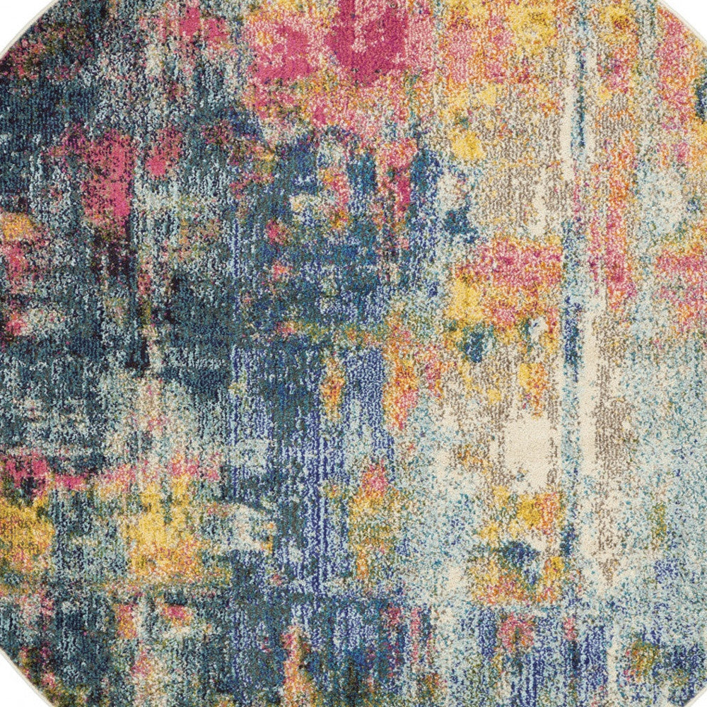 5' X 5' Blue And Yellow Round Abstract Power Loom Non Skid Area Rug - 63.0" (H) x 63.0" (W) x 0.5" (D)