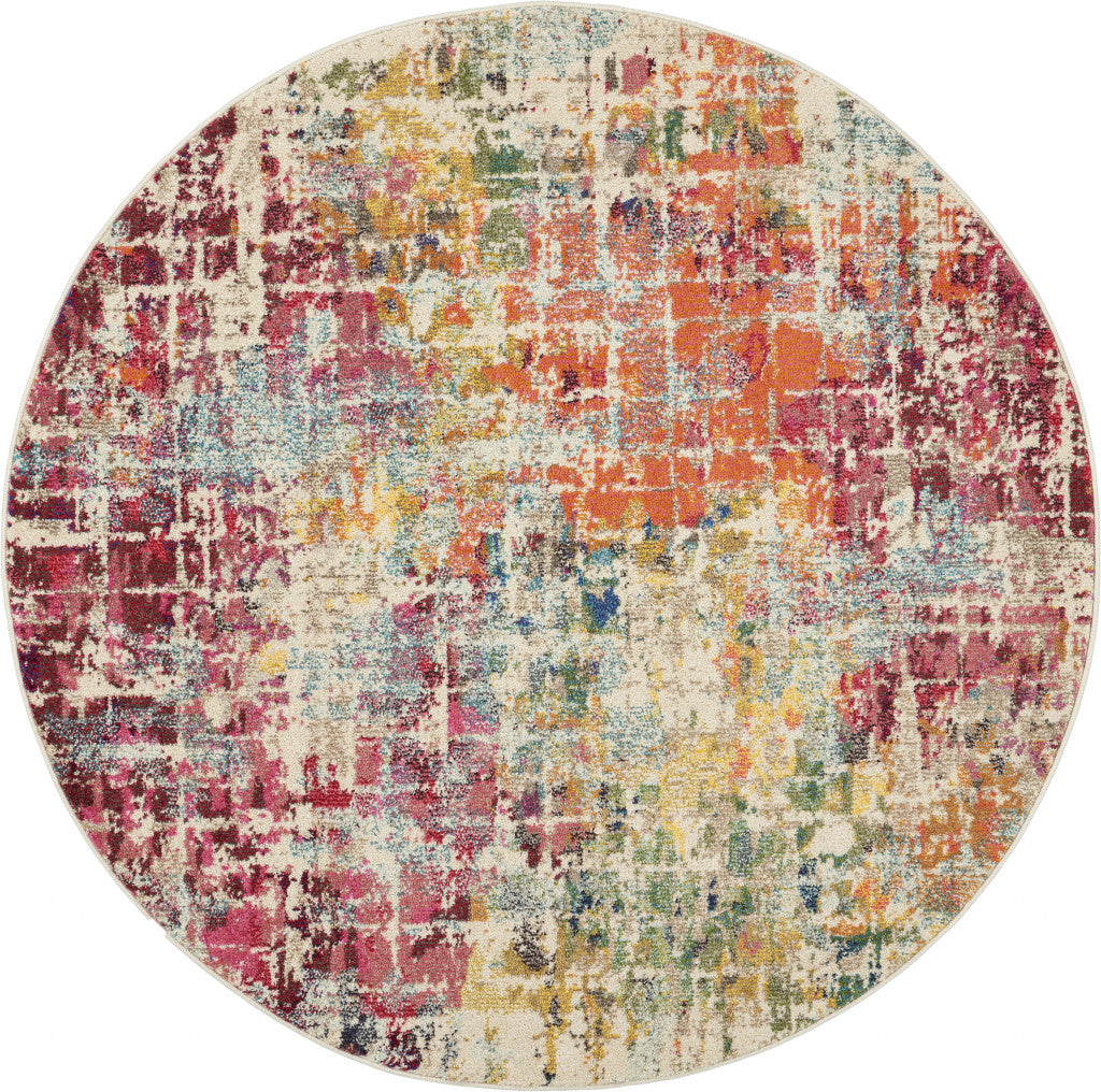 5' X 5' Pink Round Abstract Power Loom Distressed Non Skid Area Rug - 63.0" (H) x 63.0" (W) x 0.5" (D)