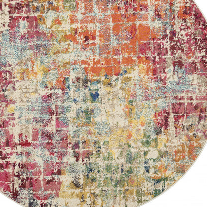 5' X 5' Pink Round Abstract Power Loom Distressed Non Skid Area Rug - 63.0" (H) x 63.0" (W) x 0.5" (D)