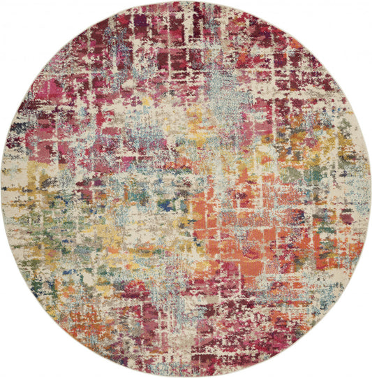 8' X 8' Pink Round Abstract Power Loom Distressed Non Skid Area Rug - 94.0" (H) x 94.0" (W) x 0.5" (D)